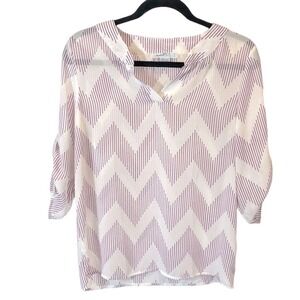 Sweet Salt Sheer Blouse Roll Tab Sleeve V-Neck White Purple Chevron Y2K Womens S